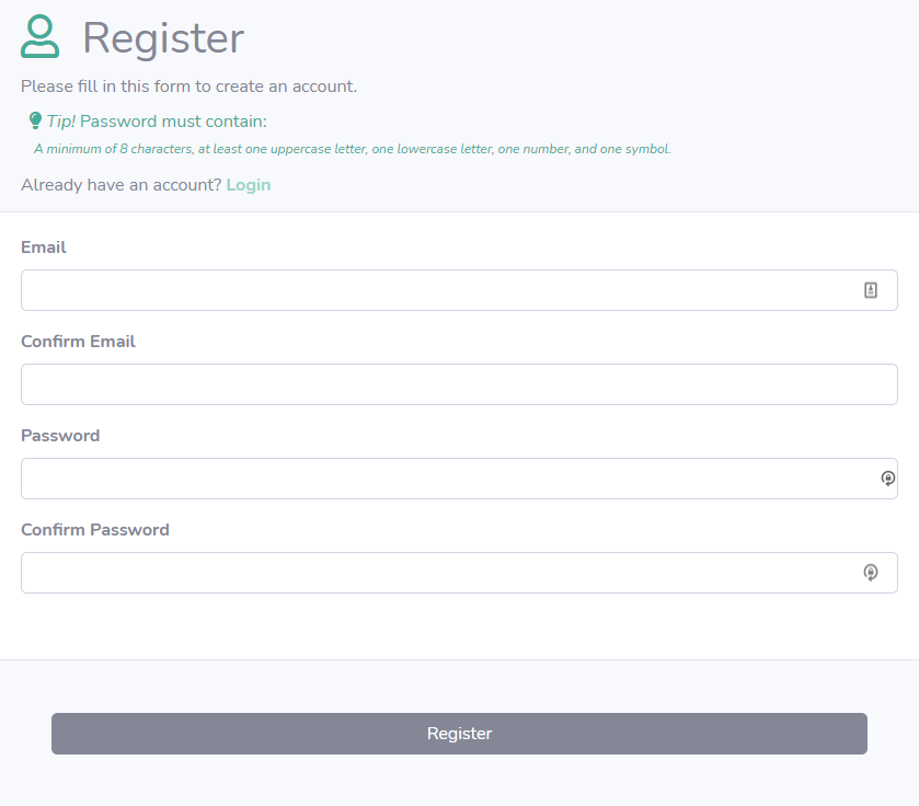 Screenshot of Register page